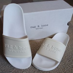 rag & bone Cream and White Logo Slide Sandals